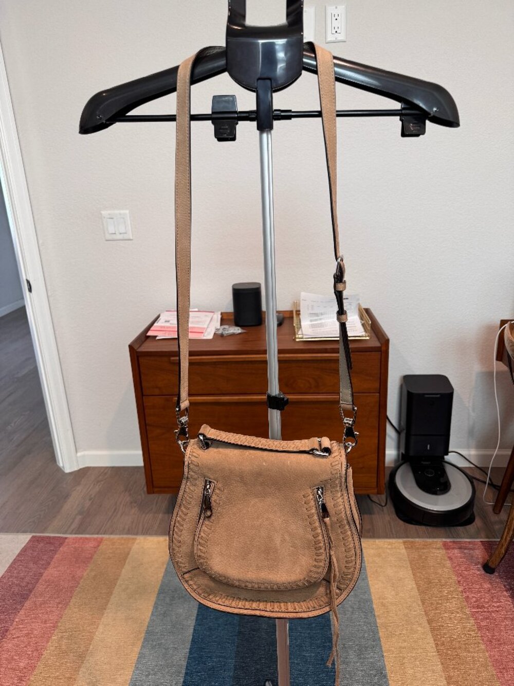 Rebecca Minkoff Tan Suede Vanity Whipstitch Saddle Bag Purse